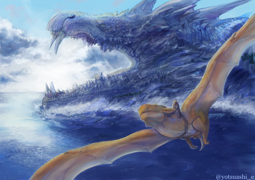 1boy clouds day dragon dragon_riding extra_eyes flying giant highres male_focus nature ocean open_mouth original pants riding sky tack_(riding) twitter_username water waves western_dragon yotsuashi_e