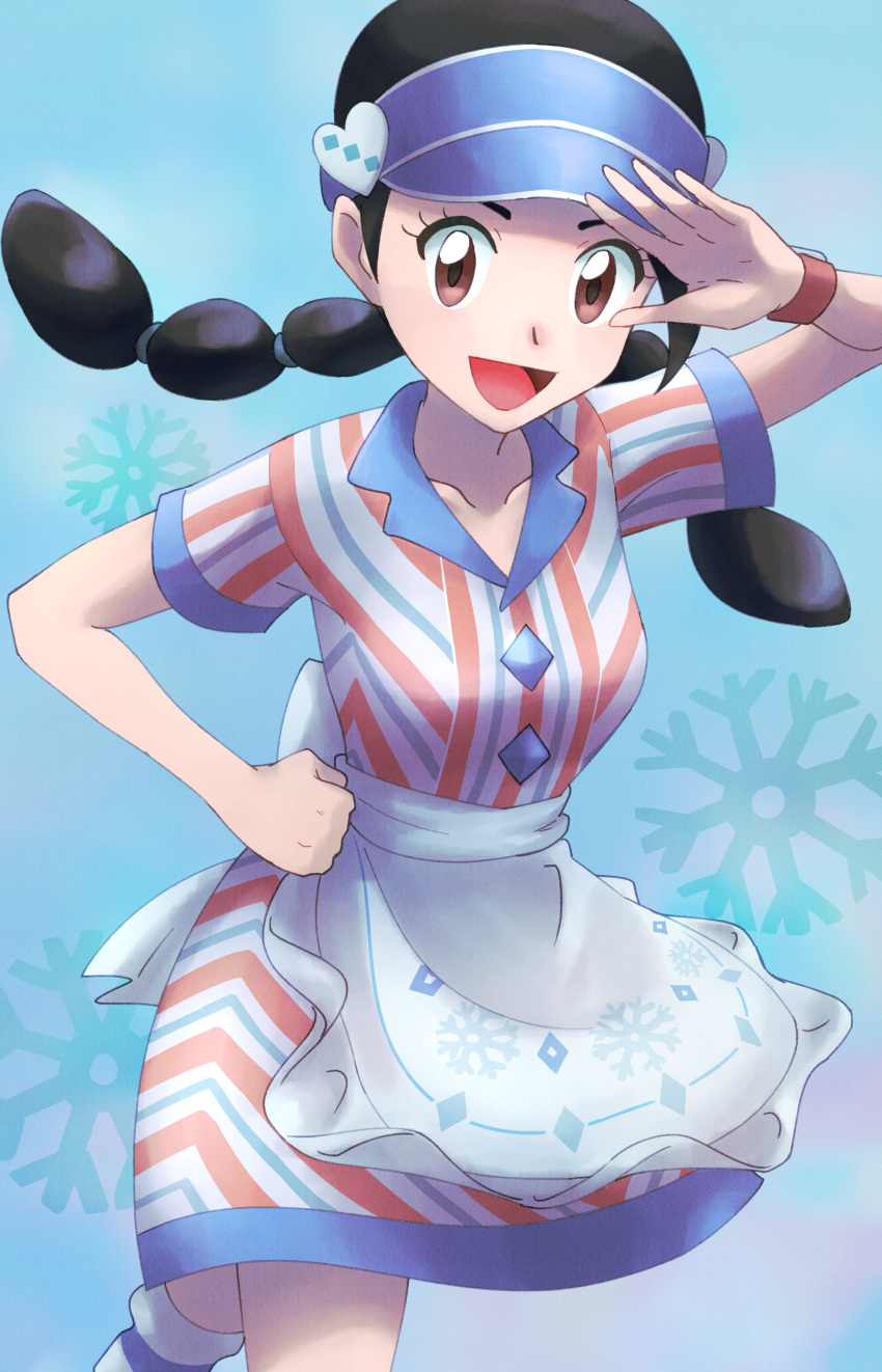 1girl absurdres akitu_ma_ru apron black_hair blue_background braid brown_eyes candice_(palentine's_2024)_(pokemon) candice_(pokemon) collarbone cowboy_shot hand_on_own_hip highres looking_at_viewer official_alternate_costume pokemon pokemon_masters_ex snowflakes solo twin_braids twintails waist_apron