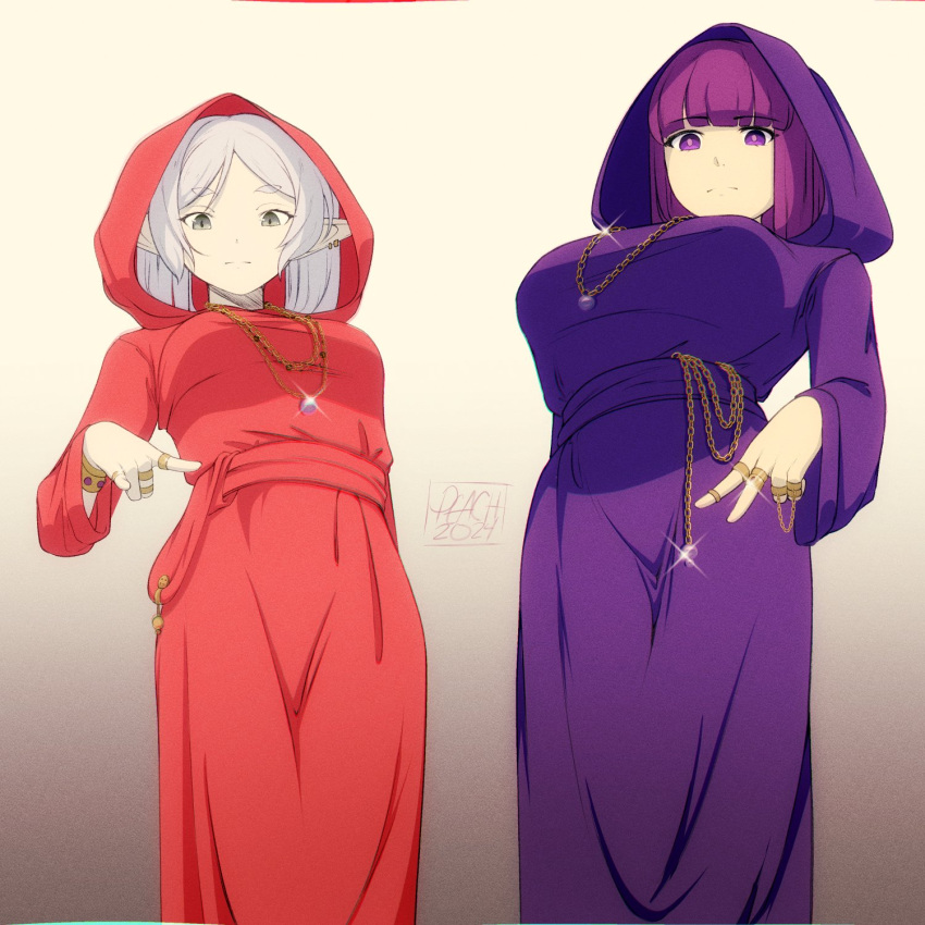 2girls bling blunt_bangs bracelet breasts bright_pupils chain chain_necklace cloak commentary english_commentary fern_(sousou_no_frieren) frieren gold_chain green_eyes highres hood hood_up hooded_cloak jewelry large_breasts meme multiple_girls multiple_rings necklace parted_bangs peach-cup pendant pointy_ears purple_cloak purple_hair purple_pupils red_cloak ring shadow_wizard_money_gang_(meme) small_breasts sousou_no_frieren sparkle twintails violet_eyes white_hair