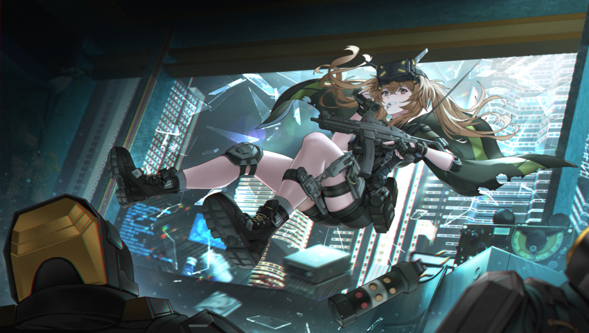 1girl 2others black_cape black_footwear black_gloves black_shorts boots broken_glass broken_window brown_eyes brown_hair cape carabiner cityscape clenched_teeth commission explosive fingerless_gloves flashbang full_body girls'_frontline_2:_exilium girls_frontline glass gloves grenade grenade_pin_in_mouth grey_socks gun highres holding holding_grenade holding_gun holding_weapon knee_pads lan_liyu_renzi looking_at_viewer multiple_others parted_lips rope second-party_source shorts single_knee_pad socks teeth trigger_discipline twintails ump9_(girls'_frontline) weapon