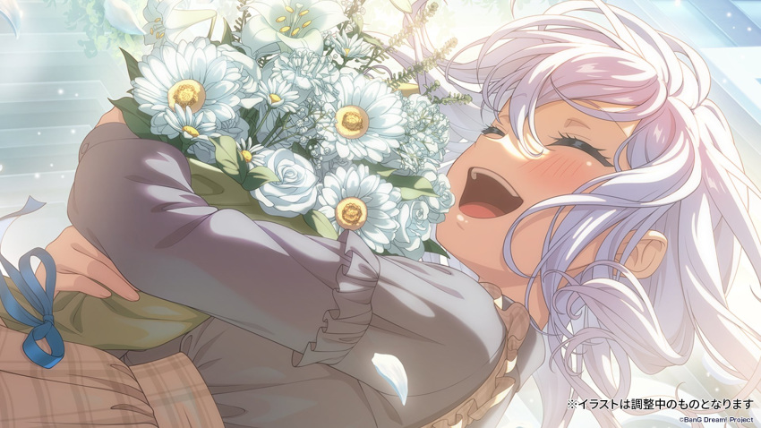 1girl ^_^ bang_dream! blush bouquet brown_skirt closed_eyes commentary_request floating_hair grey_shirt hair_between_eyes highres holding holding_bouquet kurata_mashiro long_sleeves medium_hair official_art open_mouth shirt sidelocks skirt solo teeth translation_request upper_body upper_teeth_only white_hair