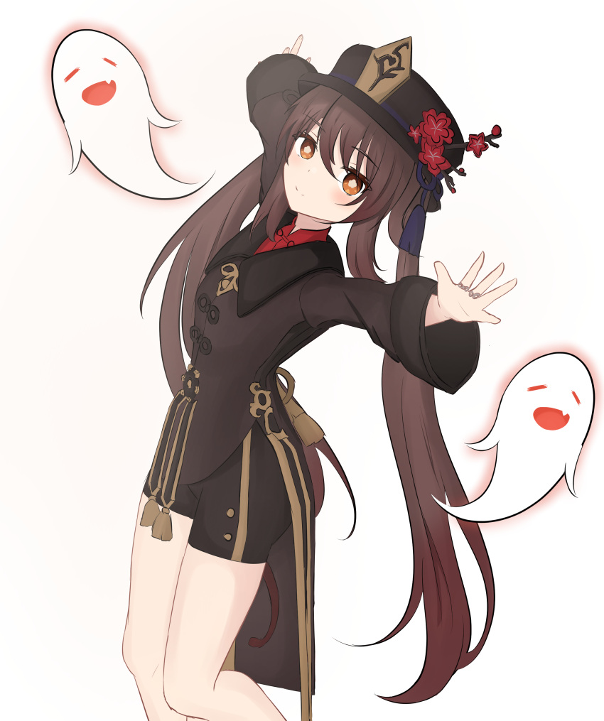 1girl absurdres black_headwear black_shorts blush brown_eyes brown_hair brown_jacket closed_mouth commentary_request feet_out_of_frame flower flower-shaped_pupils genshin_impact ghost hair_between_eyes hat hat_flower highres hu_tao_(genshin_impact) jacket jewelry kuronagi_(mitora_uwu) long_hair long_sleeves outstretched_arms red_flower red_shirt ring shirt short_shorts shorts simple_background smile solo spread_arms standing symbol-shaped_pupils twintails very_long_hair white_background