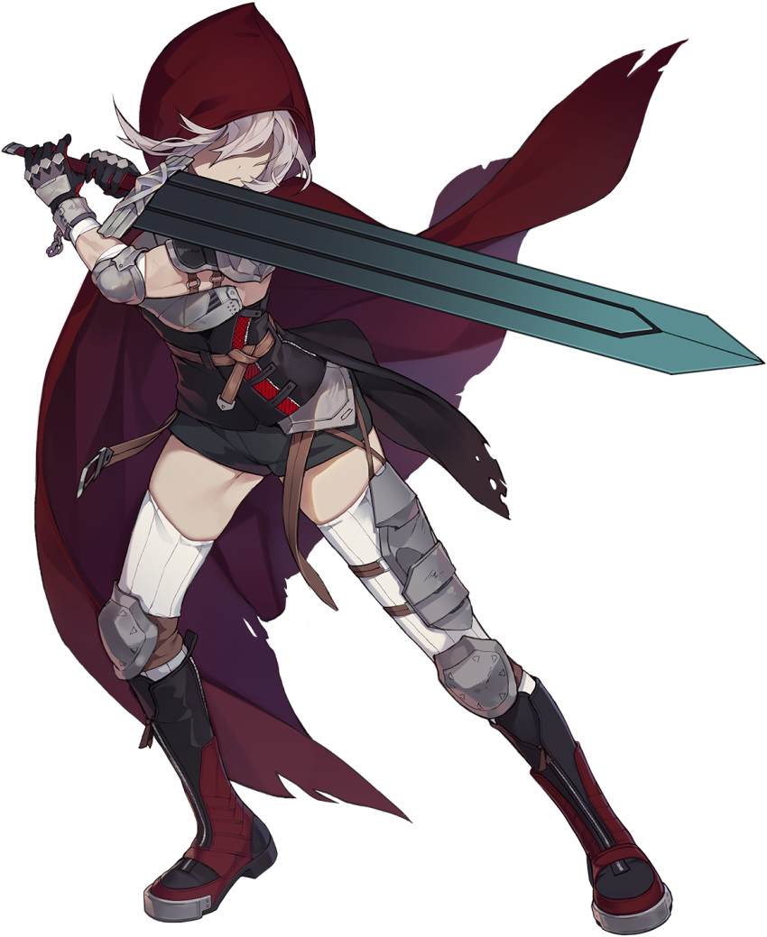 1girl armor boots breastplate breasts chrono_ark cloak elbow_pads fighting_stance gloves hen-tie highres holding holding_sword holding_weapon hood hood_up hooded_cloak lian_(chrono_ark) long_bangs medium_breasts medium_hair non-web_source official_art shorts sword thigh-highs thigh_armor thighs transparent_background weapon white_hair