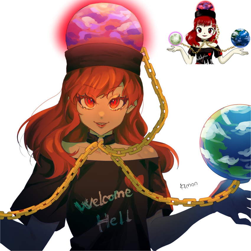 1girl chain commentary_request earth_(ornament) hecatia_lapislazuli highres kimon_102 looking_at_viewer medium_hair moon_(ornament) red_eyes redhead reference_inset signature simple_background smile solo touhou upper_body vietnamese_commentary white_background zun_(artist)
