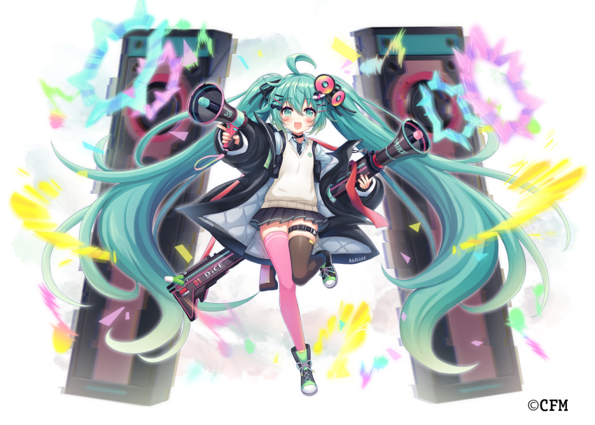 1girl :d ahoge asymmetrical_legwear black_footwear black_jacket black_necktie black_ribbon black_skirt blurry blush boots brown_thighhighs collared_shirt commentary_request cross-laced_footwear full_body green_eyes green_hair hair_between_eyes hair_ornament hair_ribbon hairclip hatsune_miku heart heart_hair_ornament highres holding holding_megaphone ichigo_seika jacket lace-up_boots long_hair long_sleeves megaphone mismatched_legwear necktie official_art open_clothes open_jacket pink_thighhighs pleated_skirt puffy_long_sleeves puffy_sleeves ribbon shirt simple_background skirt smile solo standing standing_on_one_leg sweater_vest thigh-highs thighhighs_under_boots twintails very_long_hair vocaloid white_background white_shirt x_hair_ornament
