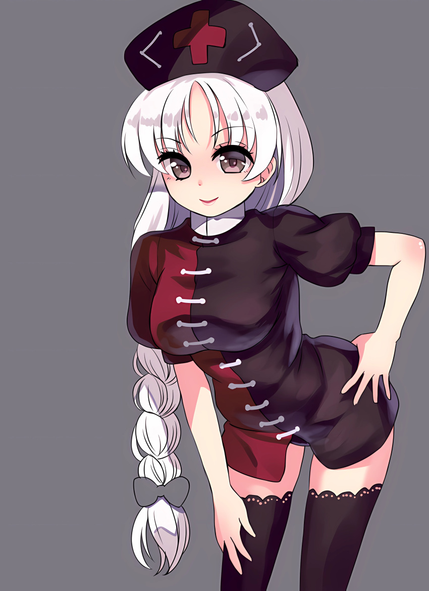 1girl adapted_costume alternate_color alternate_eye_color bad_id bad_pixiv_id black_dress black_panties black_thighhighs blush bow braid breasts cross_print douji dress eyes_visible_through_hair grey_background hair_bow hand_on_own_hip hand_on_own_thigh hat lace lace-trimmed_legwear lace_trim leaning_forward long_hair looking_at_viewer medium_breasts multicolored_clothes multicolored_dress nose_blush nurse_cap panties pantyshot pink_lips puffy_short_sleeves puffy_sleeves purple_eyes red_dress shiny_skin short_dress short_sleeves simple_background single_braid smile solo standing thighhighs thighs touhou underwear very_long_hair white_hair yagokoro_eirin
