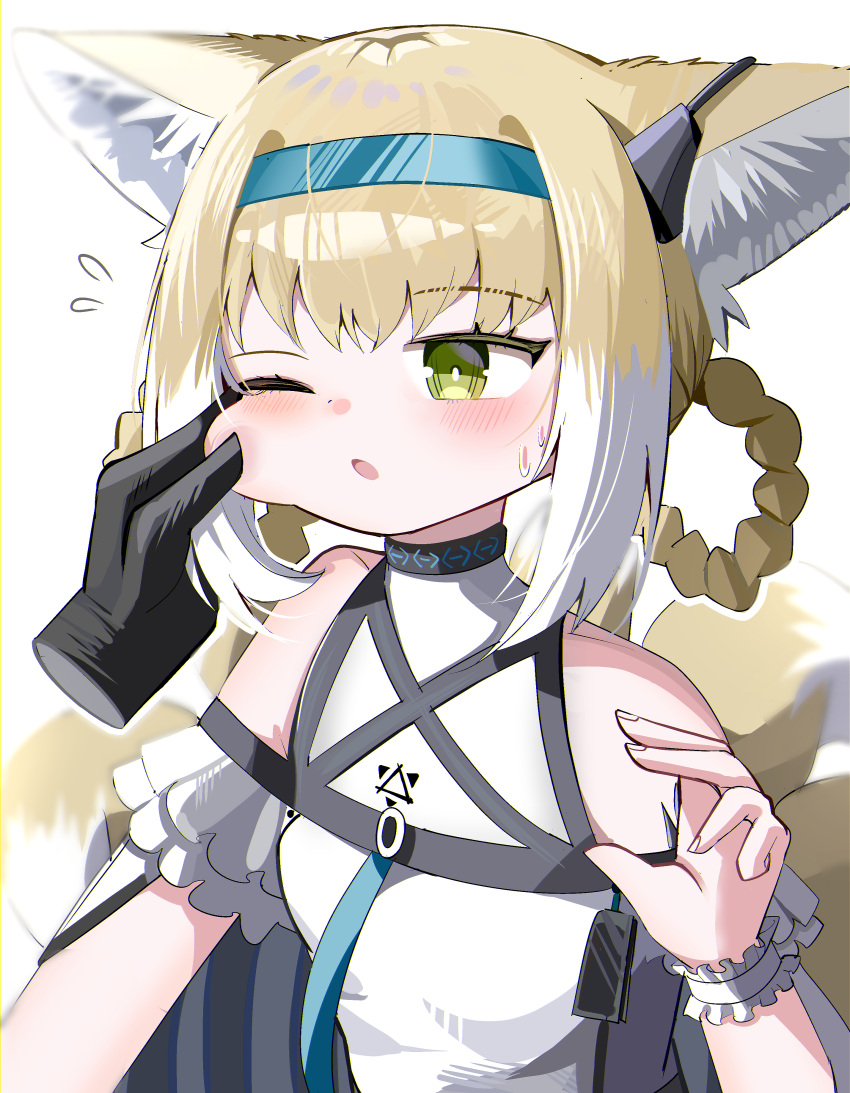 1girl 1other absurdres animal_ear_fluff animal_ears arknights bare_shoulders blonde_hair blue_hairband blush braid breasts cheek_pinching disembodied_limb doctor_(arknights) flying_sweatdrops fox_ears fox_girl fox_tail green_eyes hair_between_eyes hair_rings hairband hand_up highres kitsune multicolored_hair pinching shirt sidelocks simple_background small_breasts solo_focus spam_(spamham4506) suzuran_(arknights) sweat tail twin_braids two-tone_hair upper_body white_background white_hair white_shirt wrist_cuffs