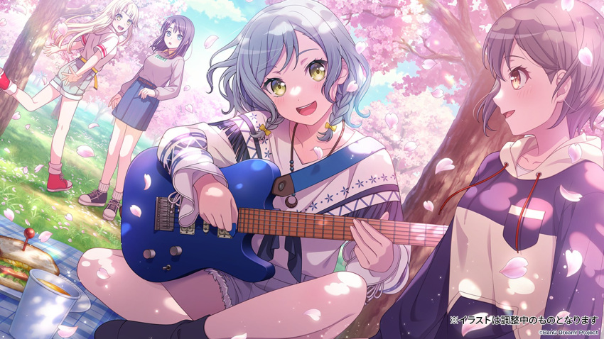 4girls aqua_hair bang_dream! bang_dream!_it's_mygo!!!!! blonde_hair blue_shorts blue_skirt blush braid breasts brown_hair cherry_blossoms collarbone commentary_request cup dappled_sunlight disposable_cup falling_petals green_eyes grey_eyes grey_sweater guitar highres hikawa_hina holding holding_instrument holding_plectrum hood hood_down hoodie instrument jewelry long_hair long_sleeves looking_at_viewer medium_hair multiple_girls music necklace official_art okusawa_misaki open_mouth outdoors petals playing_instrument plectrum purple_hoodie red_footwear shorts side_braid sidelocks sitting skirt small_breasts sunlight sweater takamatsu_tomori translation_request tsurumaki_kokoro yellow_eyes
