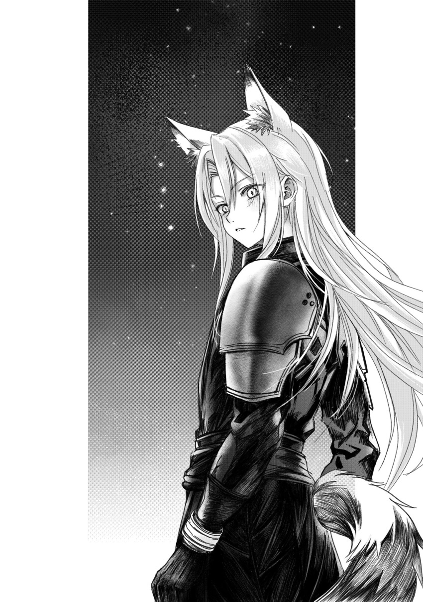 1boy aged_down animal_ears armor belt black_belt black_coat black_gloves coat commentary final_fantasy final_fantasy_vii fox_boy fox_ears fox_tail gloves greyscale high_collar highres kemonomimi_mode long_bangs long_hair looking_back makix5s male_focus monochrome night outdoors parted_bangs parted_lips pauldrons screentones sephiroth shoulder_armor sky slit_pupils solo star_(sky) starry_sky tail upper_body