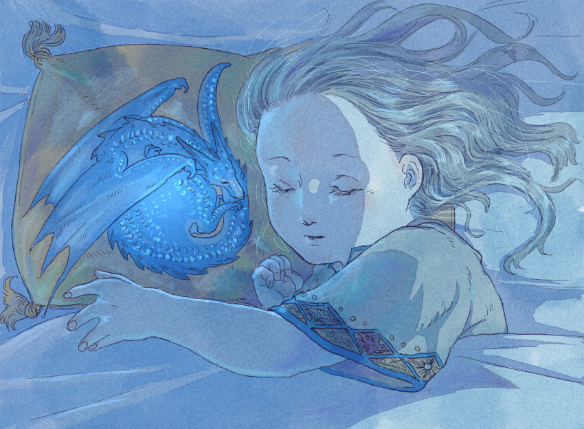 1girl ajitsuke_nori bed_sheet blanket blonde_hair child closed_eyes dragon facing_viewer fingernails glowing hair_slicked_back highres lying medium_hair night on_bed on_side original outstretched_arm pillow short_sleeves tassel under_covers upper_body western_dragon
