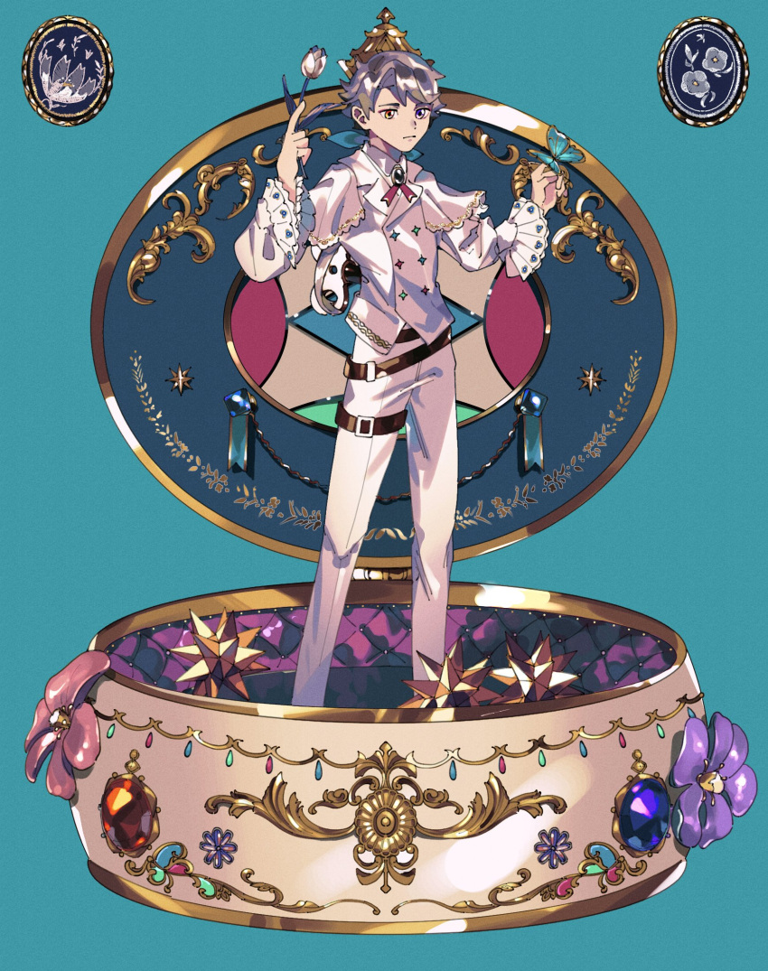 1boy arms_up blue_background blue_butterfly bug butterfly capelet commentary flower frilled_sleeves frills heterochromia highres holding holding_flower jacket male_focus music_box orange_eyes original pants short_hair simple_background solo torinodesu4 violet_eyes white_capelet white_jacket white_pants
