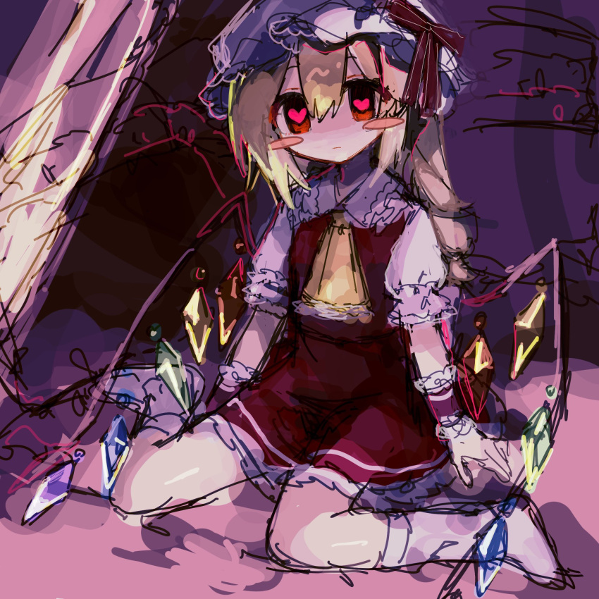 ascot blonde_hair chicachang crystal flandre_scarlet hat hat_ribbon heart heart-shaped_pupils highres kneeling mob_cap multicolored_wings one_side_up puffy_short_sleeves puffy_sleeves red_eyes red_skirt red_vest ribbon short_sleeves side_ponytail skirt skirt_set socks symbol-shaped_pupils touhou vest white_headwear white_socks wings yellow_ascot