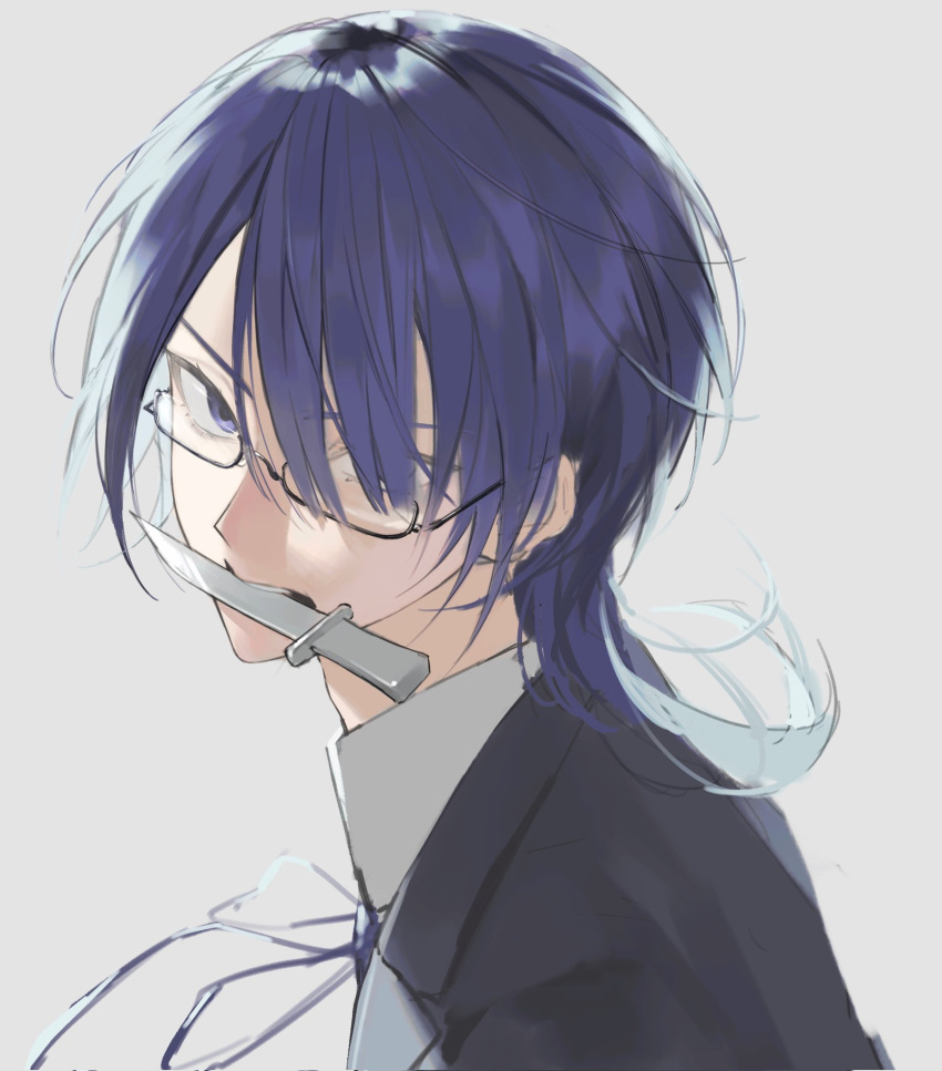 1boy adam's_apple blue_eyes blue_hair check_copyright copyright_request dagger from_side glasses grey_background hair_over_one_eye highres kiyo03680760 knife long_hair looking_at_viewer looking_to_the_side male_focus mouth_hold neck_ribbon original portrait ribbon semi-rimless_eyewear simple_background sketch solo swept_bangs under-rim_eyewear weapon weapon_in_mouth