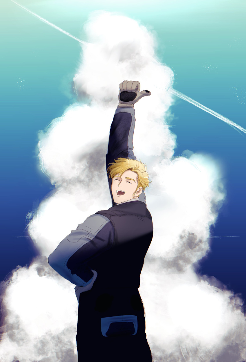 1boy absurdres blonde_hair closed_eyes clouds cloudy_sky cowboy_shot facial_hair fle0423 from_behind gloves goodbye hand_on_own_hip happy highres lewis_smith male_focus shadow sideburns_stubble sky solo spoilers standing stubble sunlight thick_eyebrows thumbs_up yuuki_bakuhatsu_bang_bravern