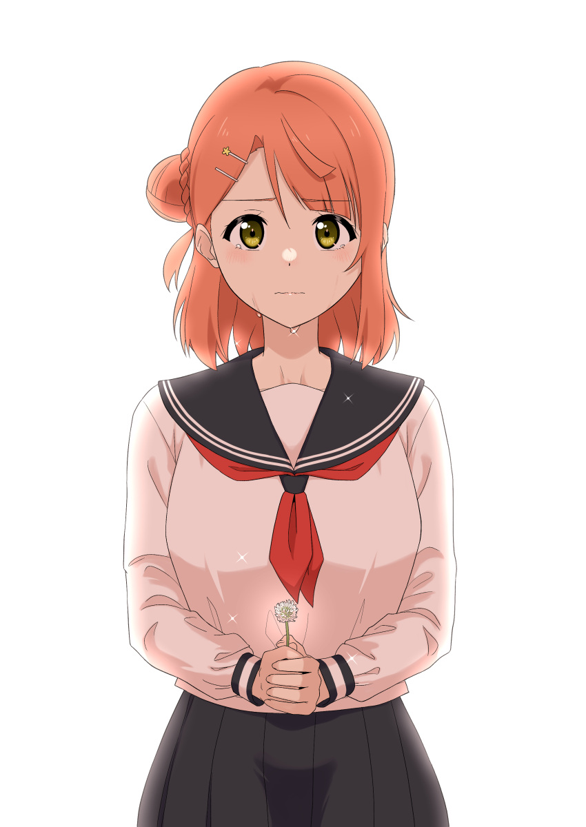 1girl absurdres black_sailor_collar black_skirt closed_mouth commentary_request crying crying_with_eyes_open daisy flower hair_bun hair_ornament hairclip highres holding holding_flower long_sleeves looking_at_viewer love_live! love_live!_nijigasaki_high_school_idol_club medium_hair neckerchief orinasu own_hands_together pink_hair red_neckerchief sailor_collar school_uniform serafuku single_side_bun skirt solo standing swept_bangs tears uehara_ayumu upper_body wavy_mouth white_background white_serafuku yellow_eyes