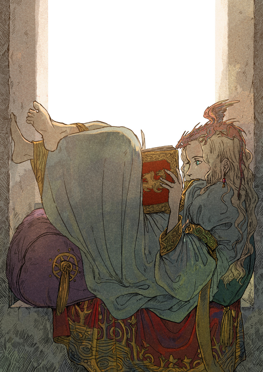 1girl ajitsuke_nori animal_on_head barefoot blonde_hair blue_eyes book commentary crossed_legs day dragon dress from_side full_body grey_dress hand_up highres holding holding_book long_hair on_head original parted_bangs pillow profile reading reclining sleeve_cuffs soles wavy_hair windowsill