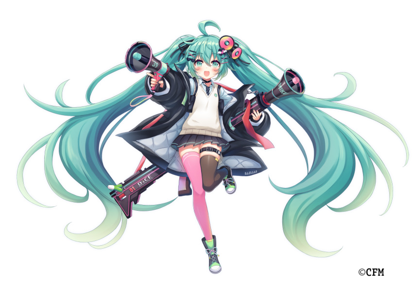 1girl :d ahoge asymmetrical_legwear black_footwear black_jacket black_necktie black_ribbon black_skirt blush boots brown_thighhighs collared_shirt cross-laced_footwear full_body green_eyes green_hair hair_between_eyes hair_ornament hair_ribbon hairclip hatsune_miku heart heart_hair_ornament highres holding holding_megaphone ichigo_seika jacket lace-up_boots long_hair long_sleeves megaphone mismatched_legwear necktie official_art open_clothes open_jacket pink_thighhighs pleated_skirt puffy_long_sleeves puffy_sleeves ribbon shirt simple_background skirt smile solo standing standing_on_one_leg sweater_vest thigh-highs thighhighs_under_boots twintails very_long_hair vocaloid white_background white_shirt x_hair_ornament