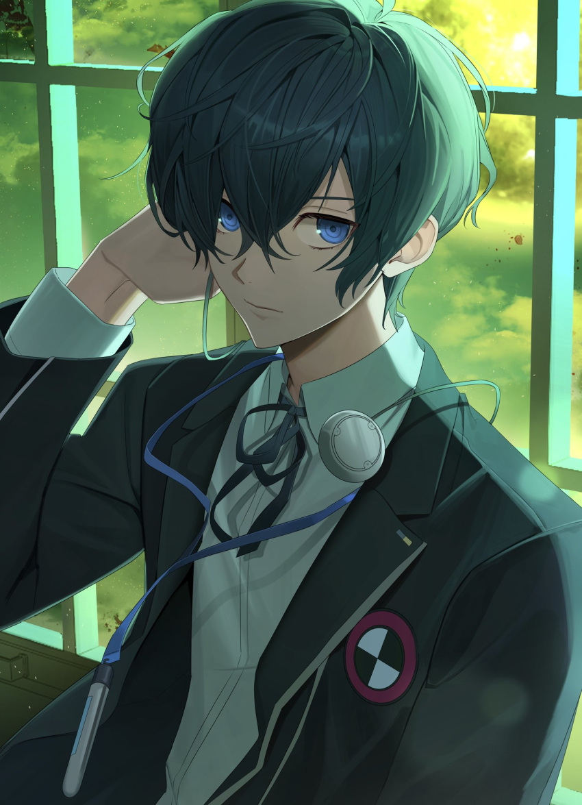 1boy black_jacket black_ribbon blue_eyes blue_hair closed_mouth clouds cloudy_sky collared_shirt commentary_request digital_media_player gekkoukan_high_school_uniform green_sky hair_between_eyes hand_up hcnunm headphones headphones_around_neck highres jacket long_sleeves looking_at_viewer male_focus neck_ribbon open_clothes open_jacket persona persona_3 persona_3_reload ribbon school_uniform shirt short_hair sky solo upper_body white_shirt window yuuki_makoto_(persona_3)