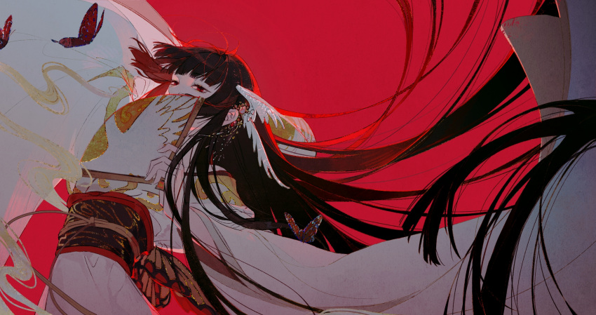 1girl animal_print black_hair blunt_bangs butterfly_print butterfly_wings covered_mouth folding_fan from_side half-closed_eyes hand_fan highres holding holding_fan ichihara_yuuko insect_wings japanese_clothes kimono long_hair looking_at_viewer looking_down low_wings nery obi obijime print_kimono red_background red_eyes sash sideways_glance solo very_long_hair white_kimono wing_hair_ornament wings xxxholic