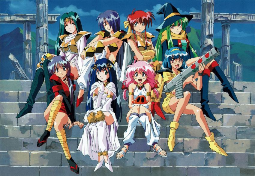 1990s_(style) 6+girls aqua_footwear aqua_hair armor armored_boots armored_dress bandaged_leg bandages bikini_armor blue_eyes blue_hair boots bracelet breastplate bridal_gauntlets cape cleaned closed_eyes crossed_arms dark_blue_hair day fantasy fishnets glasses green_eyes green_hair group_picture hat jewelry knee_boots knee_pads lia_parapara_leazas light_blue_hair long_hair looking_at_viewer m1_bazooka masou_shizuka multiple_girls ninja non-web_source official_art on_lap on_stairs open_mouth outdoors pauldrons pillar pink_hair purple_hair rance_(series) red_eyes redhead retro_artstyle rocket_launcher ruins sandals satella scan scarf short_hair shoulder_armor side_ponytail sill_plain sitting smile stairs weapon witch_hat yamashita_toshinari yellow_footwear