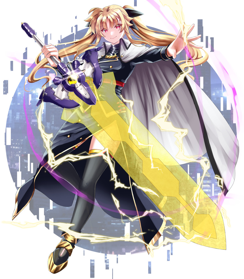 1girl bardiche_(nanoha) bardiche_(riot_blade_ii) belt black_bow black_thighhighs blonde_hair bow cape city cityscape dress energy_sword fate_testarossa gold_trim hair_bow highres holding holding_sword holding_weapon lightning long_skirt long_sleeves looking_at_viewer lyrical_nanoha mahou_senki_lyrical_nanoha_force multiple_hair_bows purple_lightning red_eyes side_slit skirt smile solo sougetsu_izuki sword thigh-highs twintails weapon white_cape