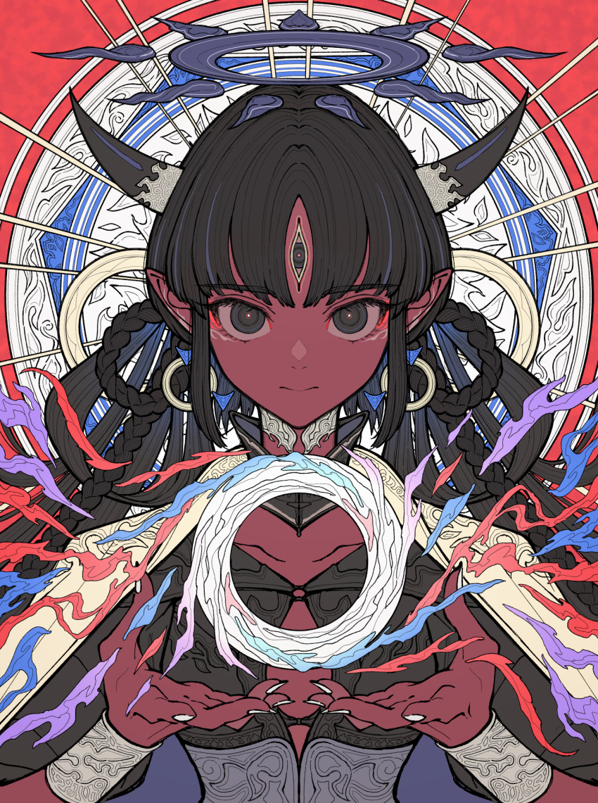 1girl black_hair bracelet braid breasts colored_skin expressionless halo highres horns jewelry kaneni long_hair looking_at_viewer original pointy_ears red_skin solo third_eye white_nails