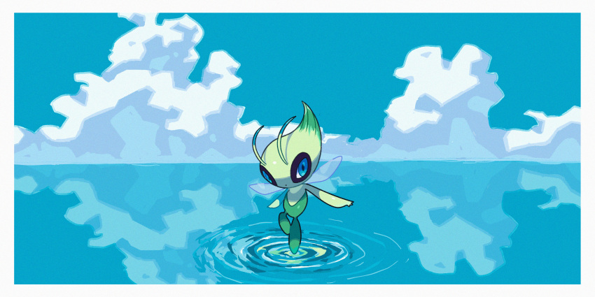absurdres blue_eyes border celebi closed_mouth clouds commentary_request day highres no_humans outdoors pokemon pokemon_(creature) reflection ripples saiku_(zvlku) sky solo water water_world white_border