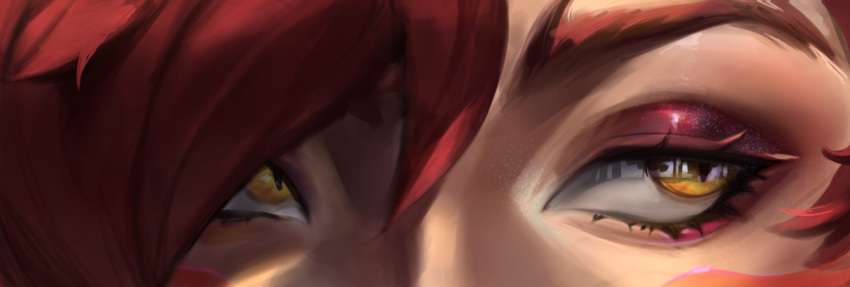 1girl close-up eye_focus eye_reflection eyelashes eyeliner highres league_of_legends looking_at_viewer makeup monkae_(m0nkaeee) red_eyeliner redhead reflection solo straight-on xayah yellow_eyes