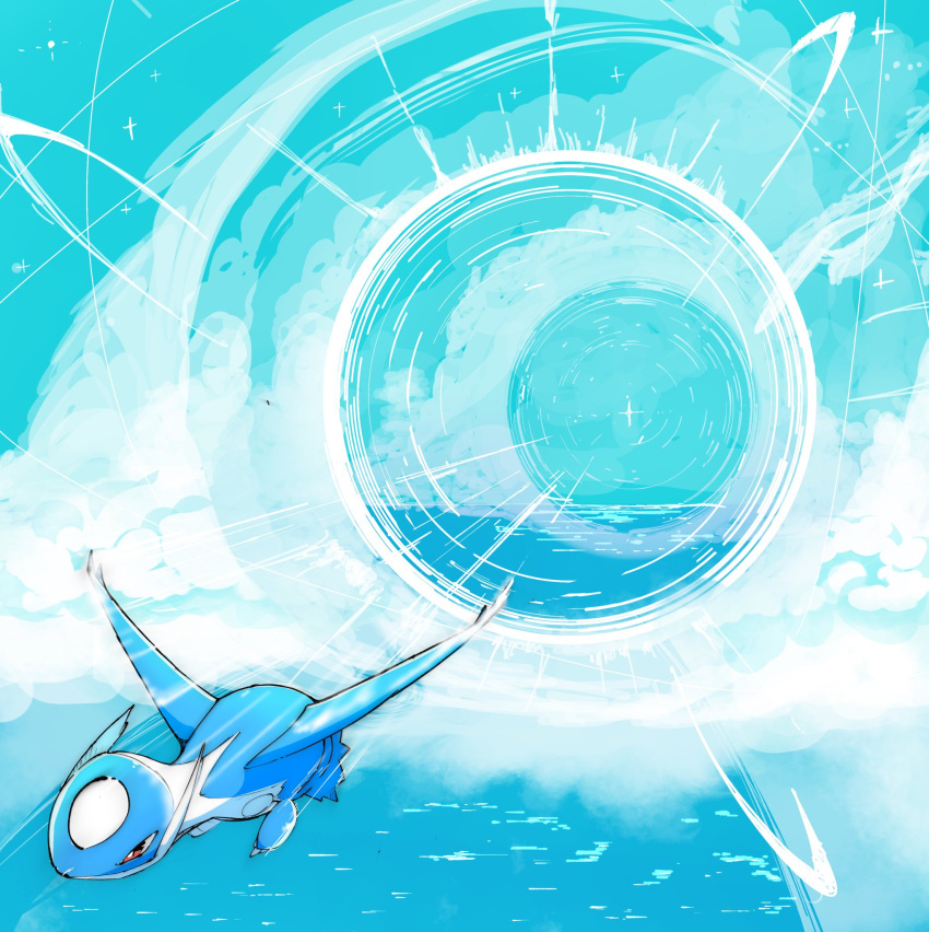 blue_sky clouds cloudy_sky flying highres horizon latios motion_lines no_humans ocean outdoors pokemon pokemon_(creature) ragia scenery sky sonic_boom_(speed) sparkle