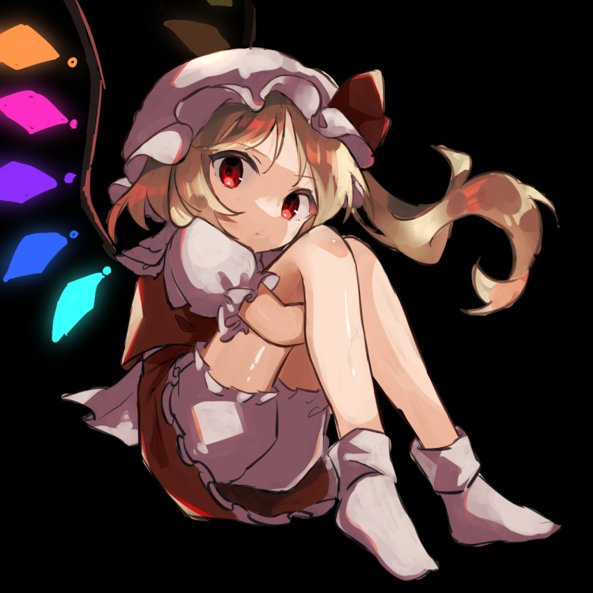 1girl ascot black_background blonde_hair bow chicachang crystal flandre_scarlet full_body hat hat_ribbon highres mob_cap one_side_up puffy_short_sleeves puffy_sleeves red_eyes ribbon short_sleeves side_ponytail skirt socks solo touhou white_socks