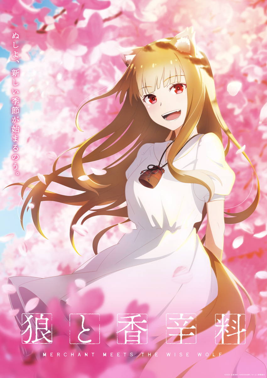 1girl animal_ear_fluff animal_ears arms_behind_back artist_request blunt_bangs breasts brown_hair cherry_blossoms commentary_request drawstring dress falling_petals fang fangs highres holo kinchaku light_blush long_hair looking_at_viewer medium_breasts official_art open_mouth outdoors petals pouch promotional_art puffy_short_sleeves puffy_sleeves red_eyes short_sleeves solo spice_and_wolf tail translation_request white_dress wind wolf_ears wolf_girl wolf_tail