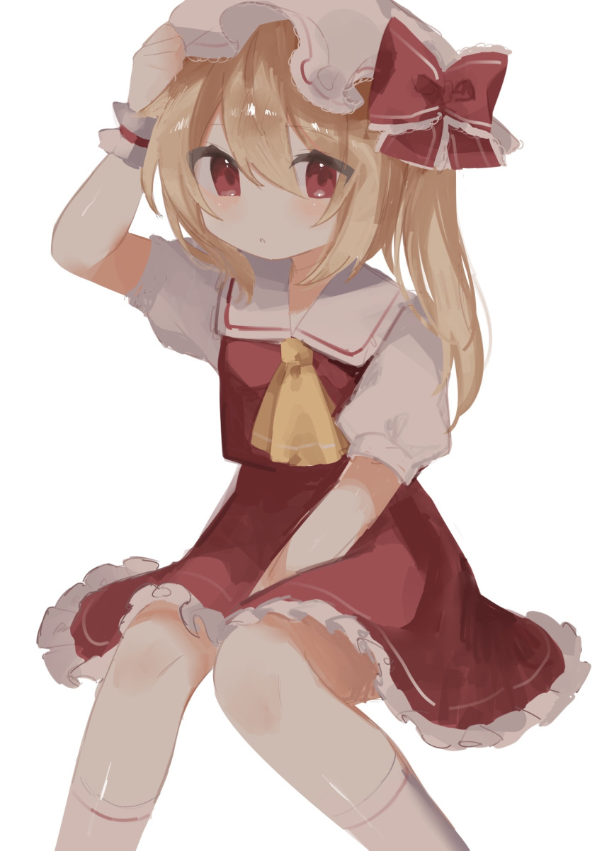 1girl ascot blonde_hair bow chicachang crystal flandre_scarlet hat hat_ribbon highres mob_cap one_side_up puffy_short_sleeves puffy_sleeves red_eyes red_skirt red_vest ribbon short_sleeves side_ponytail sitting skirt solo touhou vest white_headwear yellow_ascot