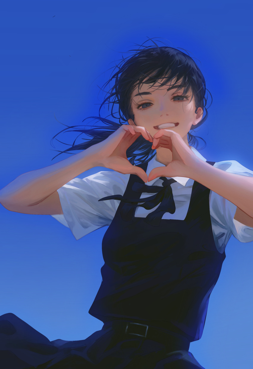 1girl absurdres black_hair blue_background blue_dress blue_ribbon chainsaw_man commentary_request dress grey_eyes heart heart_hands highres medium_hair mitaka_asa neck_ribbon parted_lips partial_commentary ribbon shirt shirt_under_dress short_sleeves simple_background solo teeth upper_body white_shirt yao_liao_wang
