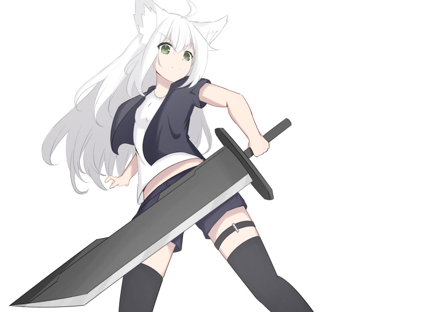 &gt;:( 1girl ahoge animal_ear_fluff black_jacket black_shorts black_thighhighs breasts closed_mouth commentary_request feet_out_of_frame fox_girl green_eyes hair_between_eyes highres holding holding_sword holding_weapon jacket kuronagi_(mitora_uwu) light_frown long_hair looking_at_viewer open_clothes open_jacket original shirt short_sleeves shorts simple_background small_breasts solo standing sword thigh-highs v-shaped_eyebrows very_long_hair weapon white_background white_hair white_shirt