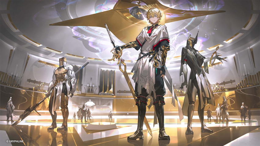 1boy 6+others armor armored_dress belt black_footwear blonde_hair boots character_request ex_astris full_body gauntlets gloves highres holding holding_sword holding_weapon knee_boots libuqilai looking_at_viewer multiple_others sheath sheathed shirt shoulder_armor standing sword weapon white_shirt