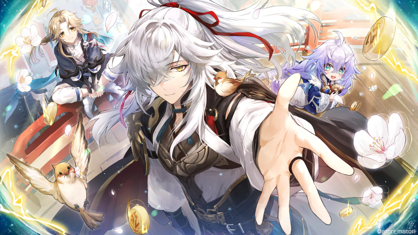 1girl 2boys architecture bailu_(honkai:_star_rail) bird blonde_hair chinese_clothes closed_mouth east_asian_architecture green_eyes grey_hair hair_ribbon highres honkai:_star_rail honkai_(series) horns jing_yuan long_hair long_sleeves looking_at_viewer matori_(penguin_batake) multiple_boys outstretched_hand ponytail purple_hair red_ribbon ribbon shirt yanqing_(honkai:_star_rail) yellow_eyes