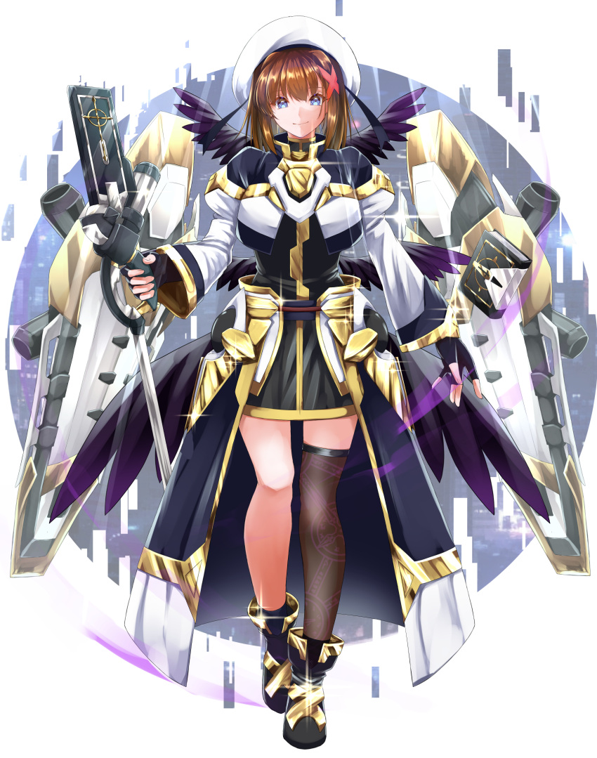 armor armored_dress beret black_footwear black_thighhighs black_wings blue_eyes boots brown_hair dress fingerless_gloves gloves gold_trim hair_ornament hat highres holding holding_staff juliet_sleeves long_sleeves lyrical_nanoha multicolored_clothes multicolored_dress puffy_sleeves red_hair_ornament short_dress short_hair single_thighhigh sougetsu_izuki staff thigh-highs tome_of_the_night_sky white_headwear wide_sleeves wings x_hair_ornament yagami_hayate