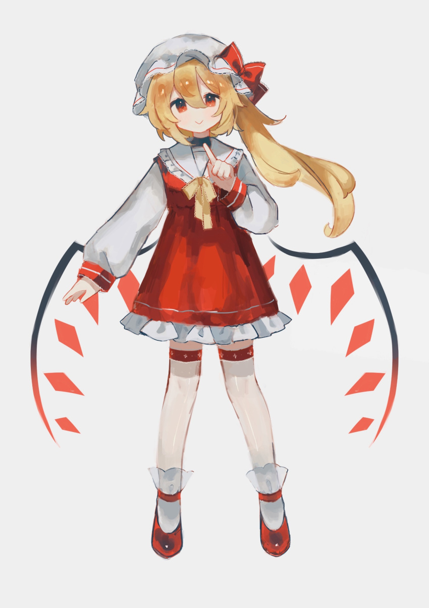 ascot blonde_hair chicachang crystal flandre_scarlet full_body hat hat_ribbon highres mob_cap one_side_up puffy_short_sleeves puffy_sleeves red_eyes red_footwear red_skirt red_vest ribbon short_sleeves side_ponytail skirt skirt_set smile socks touhou vest white_background white_headwear white_socks wings yellow_ascot