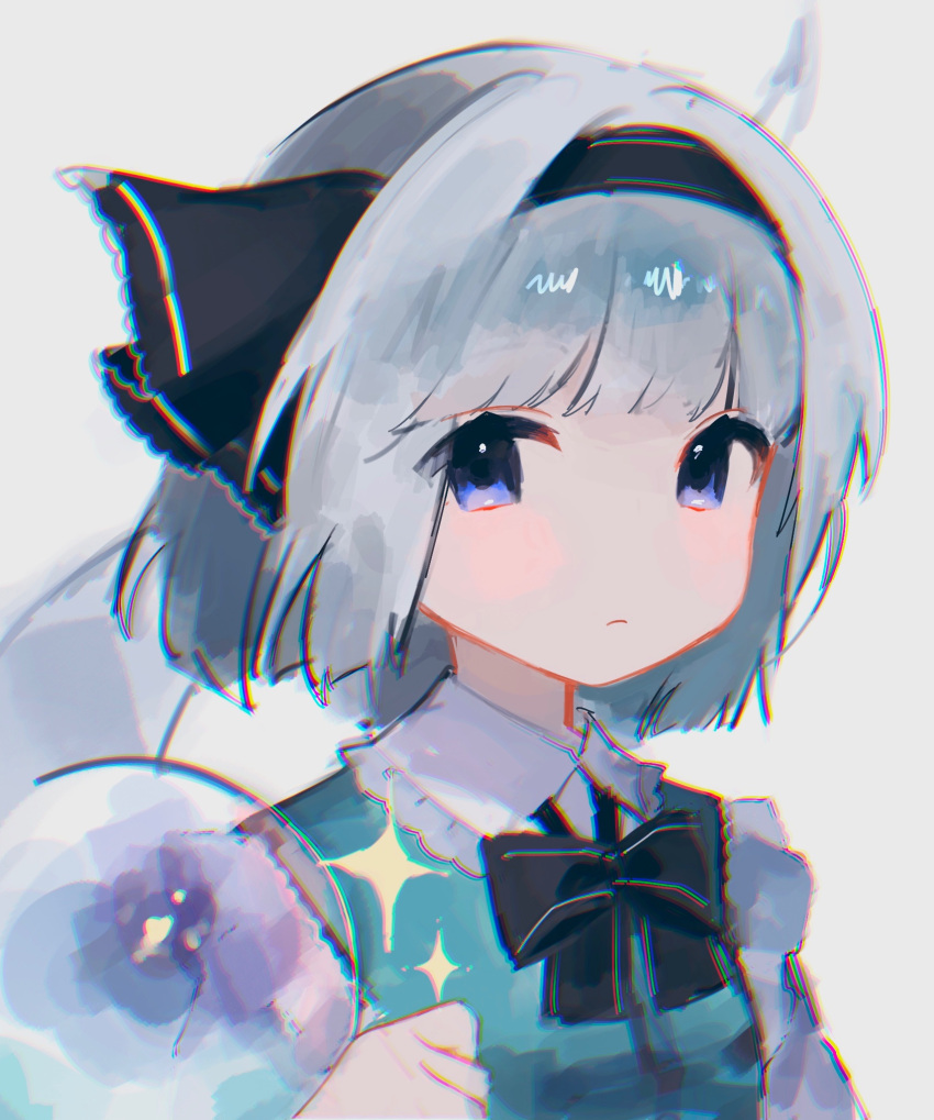 1girl black_hairband bow bowtie chicachang chromatic_aberration closed_mouth collar commentary_request frilled_shirt_collar frills ghost green_vest grey_hair hairband highres konpaku_youmu konpaku_youmu_(ghost) looking_at_viewer short_hair solo sparkle touhou upper_body vest violet_eyes white_background