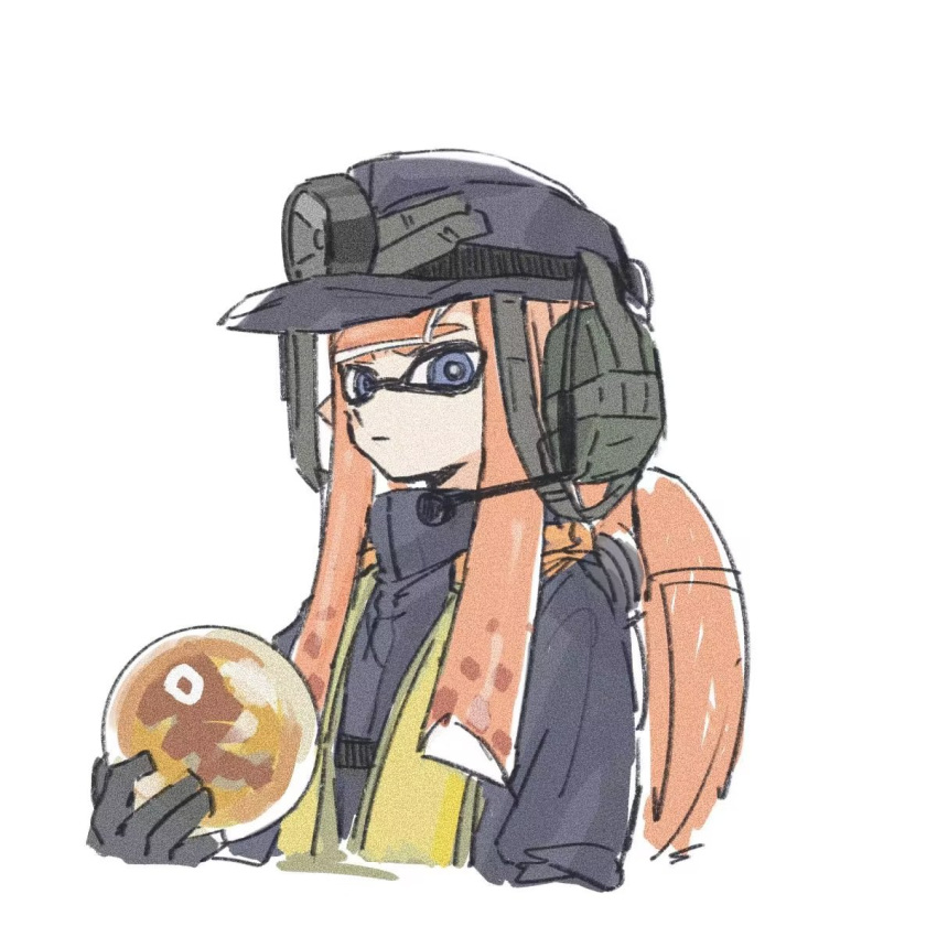 1girl :| black_gloves black_headwear blue_eyes bright_pupils chinese_commentary closed_mouth duct_tape egg film_grain gloves headset helmet high-visibility_vest highres holding holding_egg inkling inkling_girl inkling_player_character long_hair orange_hair pointy_ears salmon_run_(splatoon) searchlight simple_background solo splatoon_(series) tentacle_hair thenintlichen96 vest white_background white_pupils
