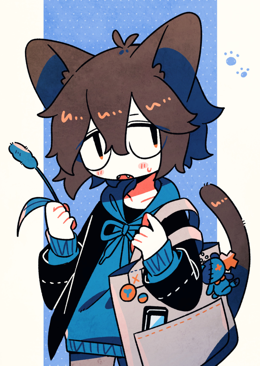 1other animal_ears badge black_jacket blue_background blue_hoodie brown_hair brown_tail button_badge cat_ears cat_tail cattail cellphone cowboy_shot drawstring fangs grey_bag grey_pants hands_up highres holding holding_plant holding_strap hood hood_down hoodie jacket limited_palette long_sleeves looking_at_viewer matakichi_(yaigi) open_clothes open_jacket open_mouth orange_eyes original pants paw_print phone plant pocket polka_dot polka_dot_background sanpaku short_hair smartphone solo stuffed_toy tail tied_drawstring yaigi