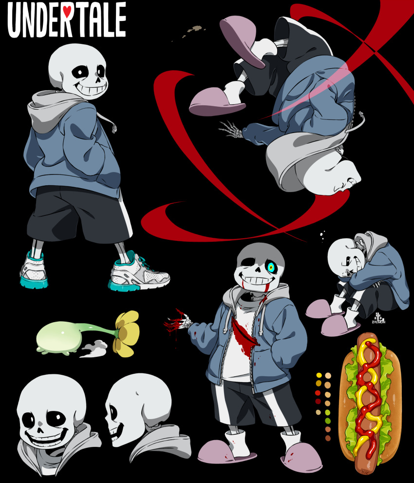 1boy black_background black_sclera black_shorts blood blood_from_mouth blood_on_clothes blood_on_face blood_on_hands blue_eyes blue_jacket cel_shading closed_eyes color_guide colored_sclera commentary copyright_name cropped_torso crossed_arms deep_wound drawstring flower flowey_(undertale) full_body glowing glowing_eye grin half-closed_eyes hand_in_pocket hands_in_pockets highres hood hood_down hooded_jacket hot_dog injury jacket kamezaemon knees_up legs_apart looking_at_viewer looking_back male_focus midair multiple_views open_clothes open_jacket open_mouth pink_footwear sans shirt shoes shorts simple_background sitting skeleton slippers smile sneakers socks standing undertale white_footwear white_shirt white_socks yellow_flower