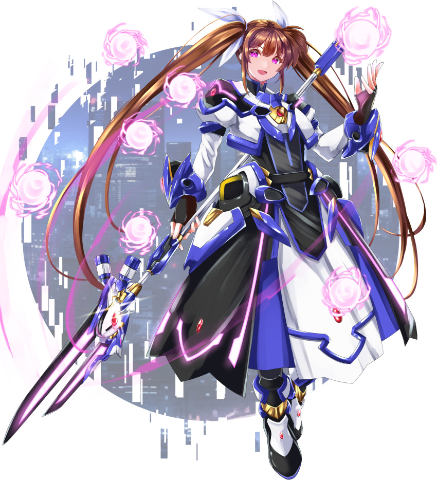 1girl armor armored_boots armored_dress black_gloves boots brown_hair city cityscape dress energy_ball fingerless_gloves gloves glowing glowing_eyes hair_ribbon highres holding holding_weapon long_dress long_hair looking_at_viewer lyrical_nanoha magical_girl multicolored_clothes multicolored_dress multicolored_footwear open_mouth raising_heart ribbon smile solo sougetsu_izuki takamachi_nanoha twintails violet_eyes weapon white_devil white_ribbon