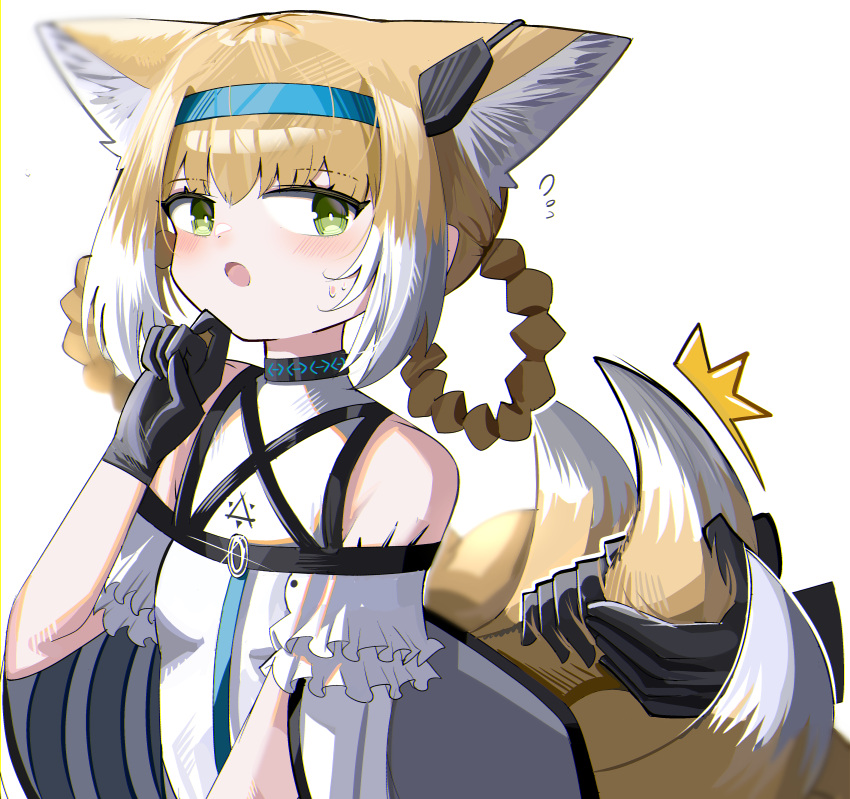 1girl 1other :o ^^^ absurdres animal_ear_fluff animal_ears arknights bare_shoulders black_gloves blonde_hair blue_hairband blush braid breasts disembodied_limb doctor_(arknights) flying_sweatdrops fox_ears fox_girl fox_tail gloves green_eyes hair_rings hairband hand_up highres kitsune open_mouth shirt simple_background small_breasts solo_focus spam_(spamham4506) suzuran_(arknights) sweat tail tail_grab twin_braids white_background white_shirt