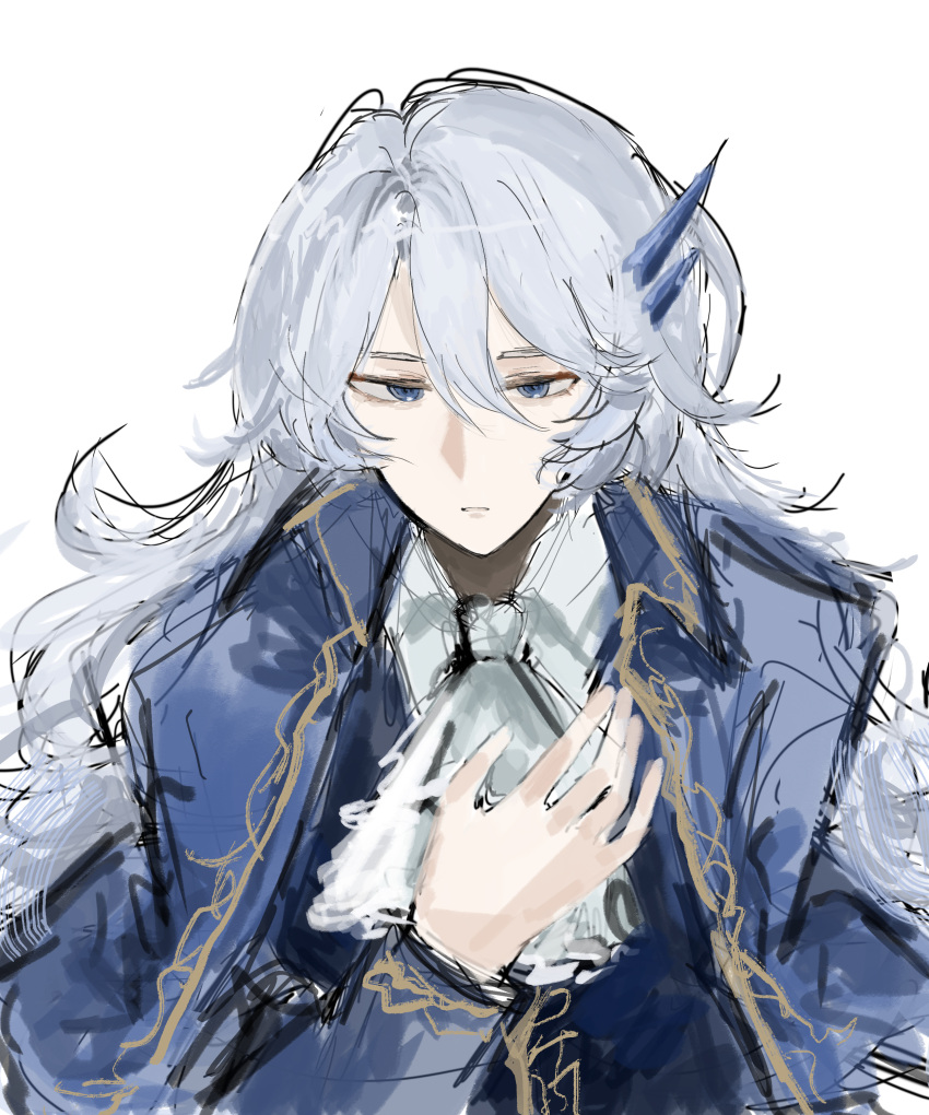 1boy absurdres argalia_(project_moon) blue_cape blue_jacket cape collared_cape gold_trim hand_on_own_chest hand_up highres jacket jellying library_of_ruina long_hair looking_at_viewer male_focus parted_lips project_moon simple_background solo upper_body very_long_hair white_background white_hair