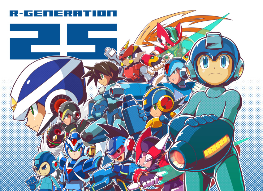 6+boys absurdres aile_(mega_man_zx) android anniversary arm_cannon blonde_hair blue_eyes character_request commentary_request energy_sword geo_stelar_(mega_man) grey_(mega_man) head-mounted_display helmet hi-go! highres holding holding_sword holding_weapon long_hair mega_buster mega_man_(character) mega_man_(classic) mega_man_(series) mega_man_battle_network_(series) mega_man_legends_(series) mega_man_star_force mega_man_volnutt mega_man_x_(series) mega_man_zero_(series) mega_man_zx mega_man_zx_advent megaman.exe model_a_(mega_man) model_zx_(mega_man) multiple_boys netnavi over-1_(mega_man) robot rockman_xover star_force_mega_man sword weapon x_(mega_man) x_buster z_saber zero(z)_(mega_man) zero_(mega_man)