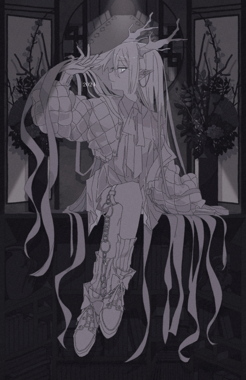1girl 2024 antlers expressionless fingernails from_side grey_hair highres horns long_hair looking_at_viewer midou_0r monochrome nail_polish original pointy_ears sitting socks solo very_long_hair white_hair