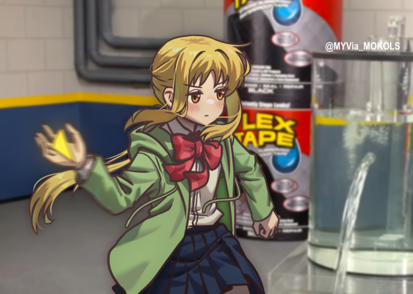 1girl ahoge artist_name black_skirt blonde_hair bocchi_the_rock! bow bowtie commentary cowboy_shot detached_ahoge expressionless flex_tape green_jacket highres hood hood_down hooded_jacket ijichi_nijika indoors jacket long_sleeves motion_blur myjet photo-referenced photo_background pleated_skirt red_bow red_bowtie shirt side_ponytail skirt solo twitter_username v-shaped_eyebrows water water_tank white_shirt