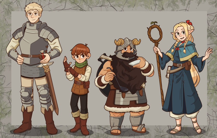 1girl 3boys ambrosia_(dungeon_meshi) armor beard blonde_hair boots brown_hair commentary dungeon_meshi dwarf elf english_commentary facial_hair falin_thorden full_body grey_background halfling highres holding holding_ladle holding_staff ladle laios_thorden long_beard long_hair long_sleeves looking_at_viewer marcille_donato multiple_boys plate_armor pointy_ears senshi_(dungeon_meshi) short_hair smile staff standing sword very_long_beard weapon