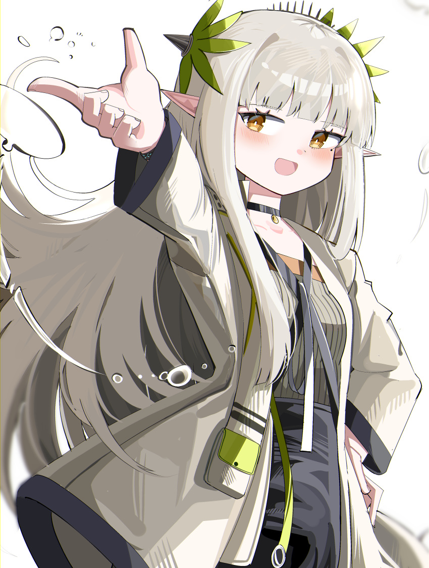 1girl :d absurdres arknights black_choker black_skirt blush breasts brown_eyes choker collarbone grey_hair grey_jacket grey_shirt hand_on_own_hip highres jacket long_hair mole mole_under_eye muelsyse_(arknights) open_clothes open_jacket outstretched_arm pointy_ears shirt simple_background skirt small_breasts smile solo spam_(spamham4506) very_long_hair water_drop white_background